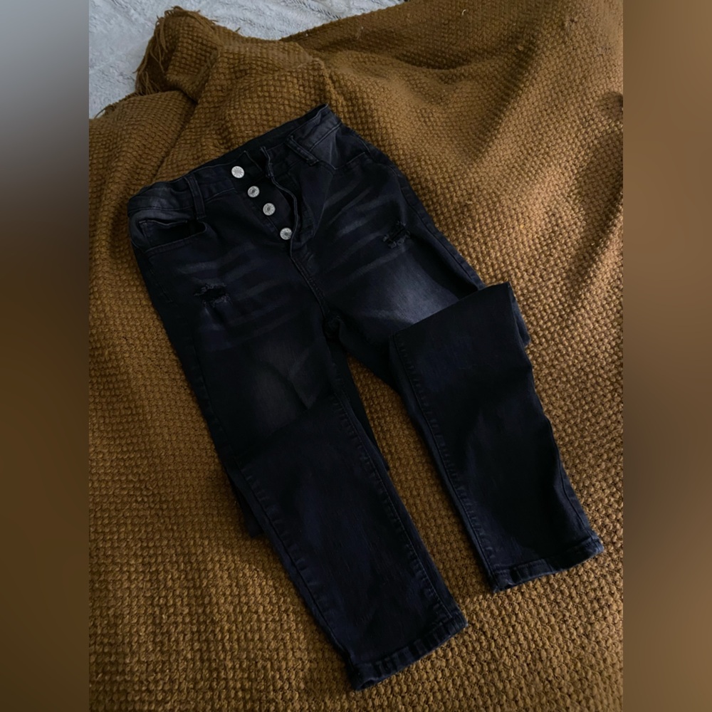 Black distressed button fly high waisted skinny jeans